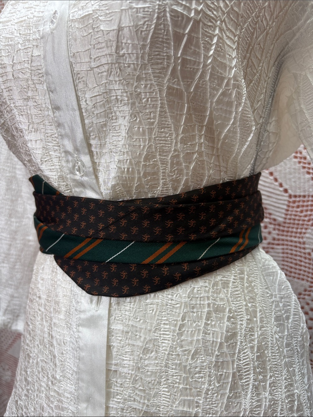 Upcycled Necktie Wrap Belt Green Brown Boho - Picture 2 of 5